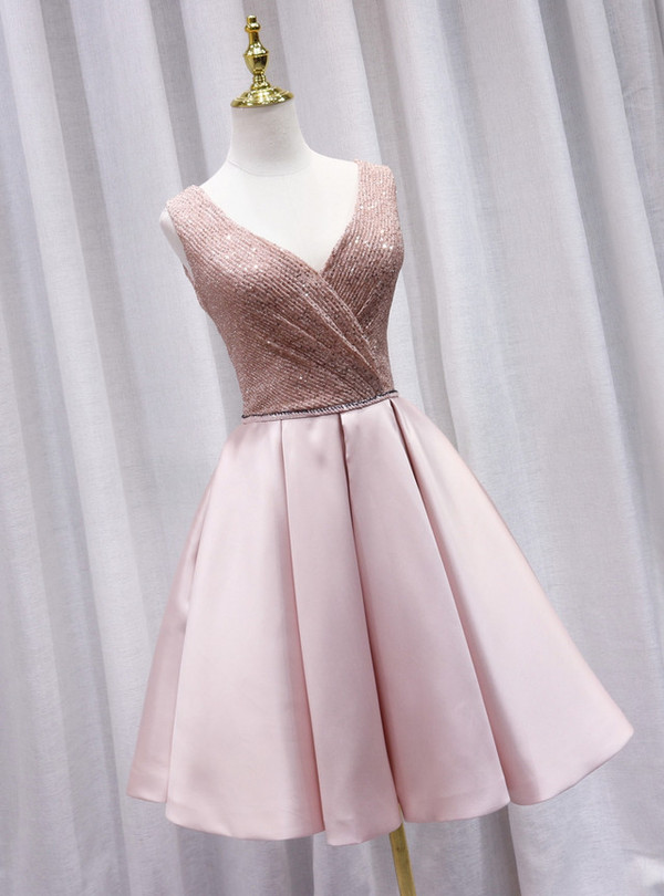 Pink Satin V-neck Pleats Homecoming Dress