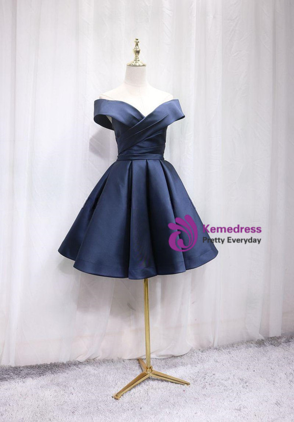Navy Blue Satin Off the Shoulder Pleats Homecoming Dress