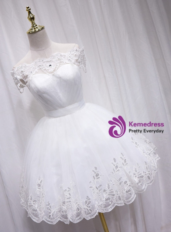 White Tulle Lace Beading Homecoming Dress