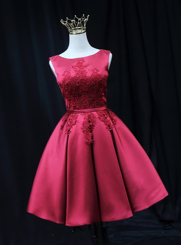 Burgundy Satin Lace Appliques Beading Homecoming Dress