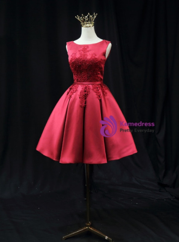 Burgundy Satin Lace Appliques Beading Homecoming Dress