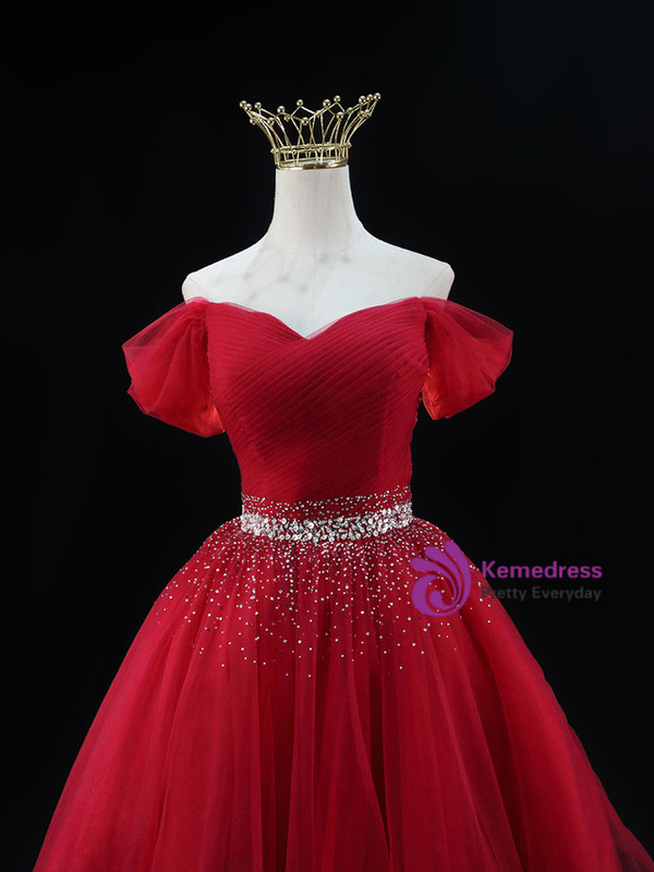 Burgundy Tulle Off the Shoulder Beading Sequins Homecoming Dress