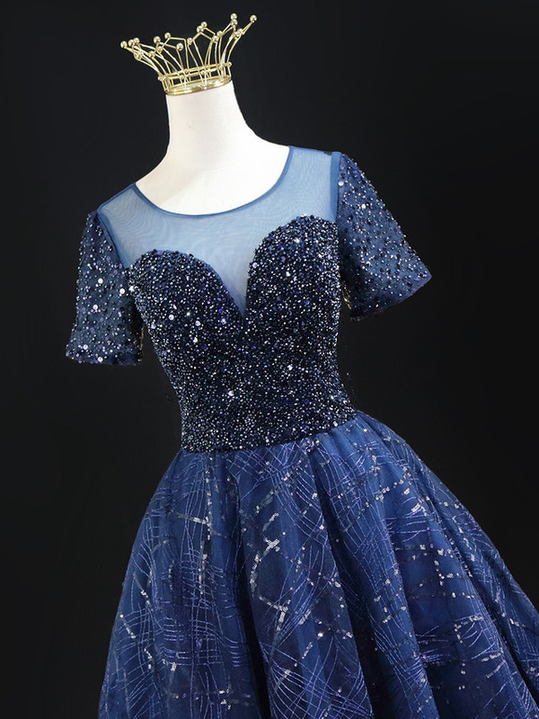 Navy Blue Sequins Tulle Short Sleeve Homecoming Dress