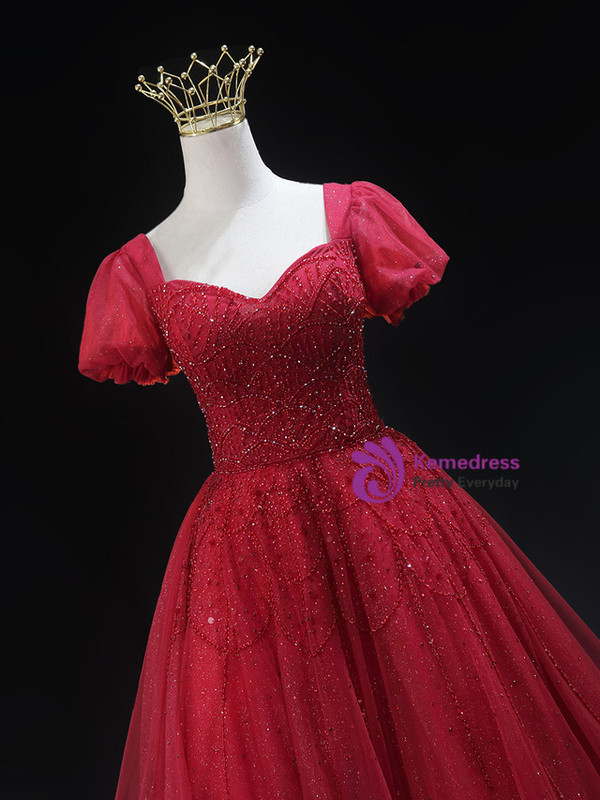 Burgundy Tulle Sequins Beading Homecoming Dress