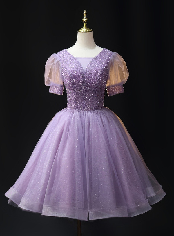 Purple Tulle Puff Sleeve Beading Homecoming Dress