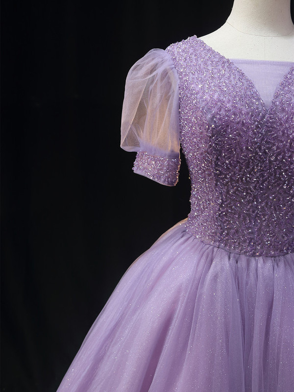 Purple Tulle Puff Sleeve Beading Homecoming Dress