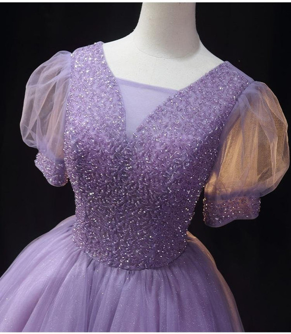 Purple Tulle Puff Sleeve Beading Homecoming Dress