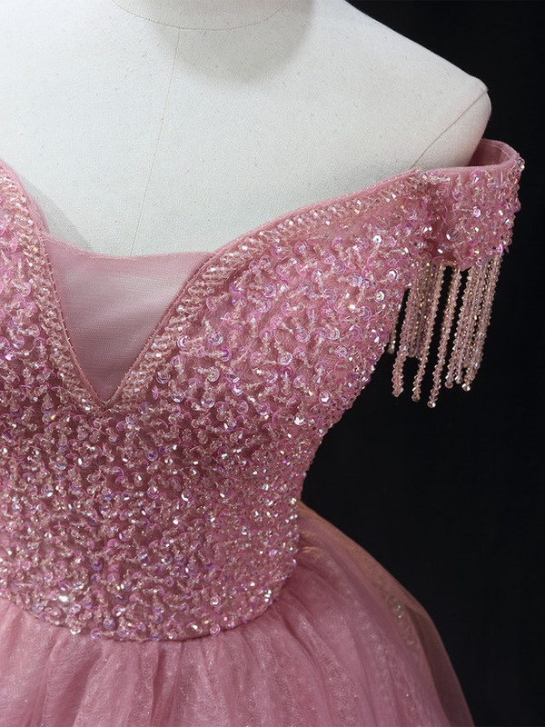 Pink Tulle Off the Shoulder Beading Sequins Homecoming Dress