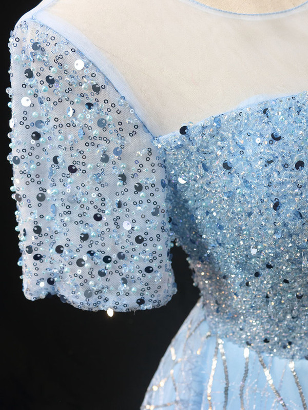 Light Blue Tulle Sequins Beading Short Sleeve Homecoming Dress