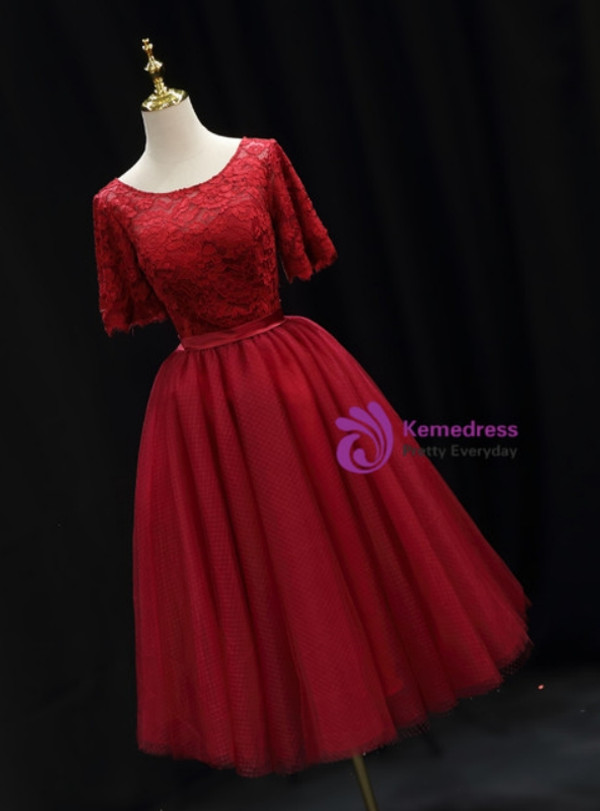 Burgundy Tulle Lace Tea Length Homecoming Dress