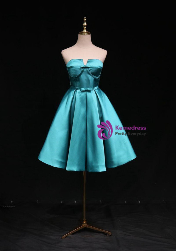 Simple Blue Satin Strapless Bow Homecoming Dress