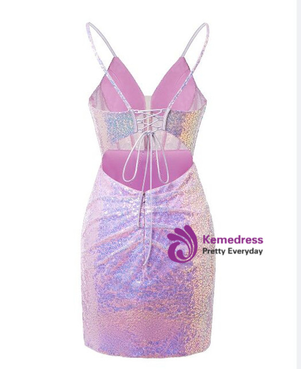 Purple Sequins Spaghetti Straps Homecoming Dress