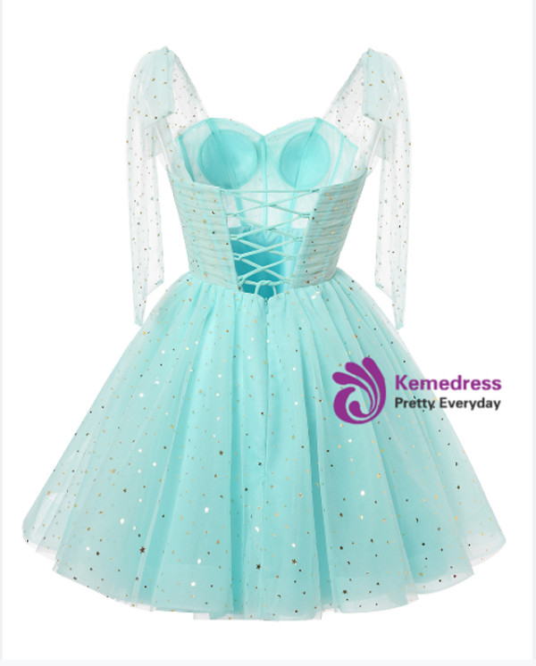 Light Blue Tulle Sequins Crossed Back Homecoming Dress