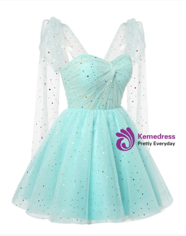 Light Blue Tulle Sequins Crossed Back Homecoming Dress
