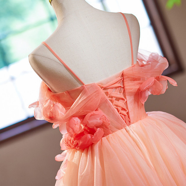 Orange Tulle Spaghetti Straps Flower Homecoming Dress