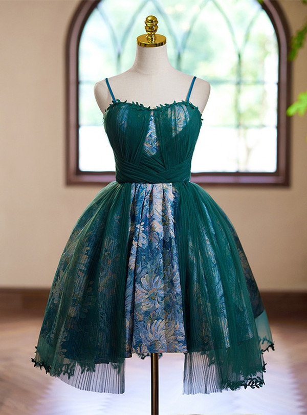 Green Spaghetti Straps Tulle Print Homecoming Dress