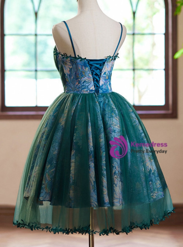 Green Spaghetti Straps Tulle Print Homecoming Dress