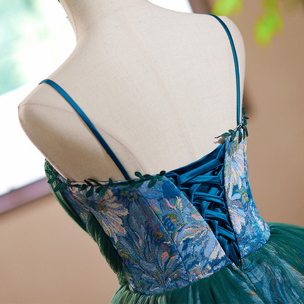 Green Tulle Print Pleats Spaghetti Straps Homecoming Dress