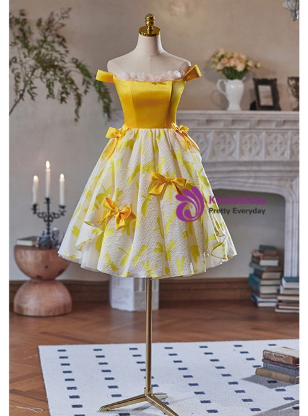 Yellow Off the Shoulder Print Bow Homecoming Dress