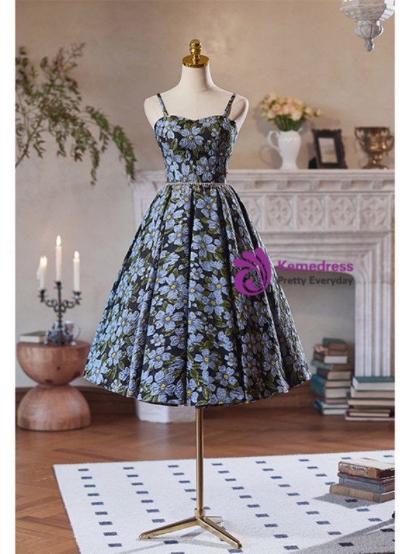 Black Spaghetti Straps Flower Print Homecoming Dress