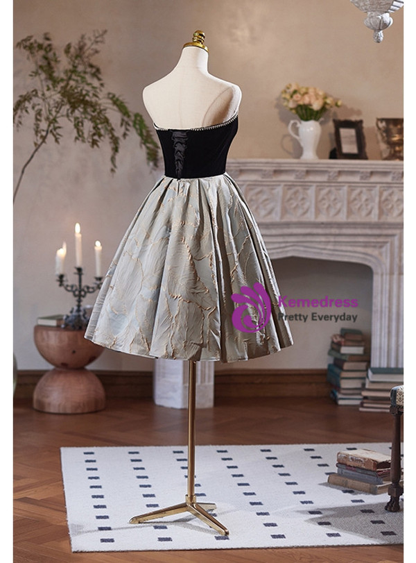 Black Velvet Strapless Beading Homecoming Dress