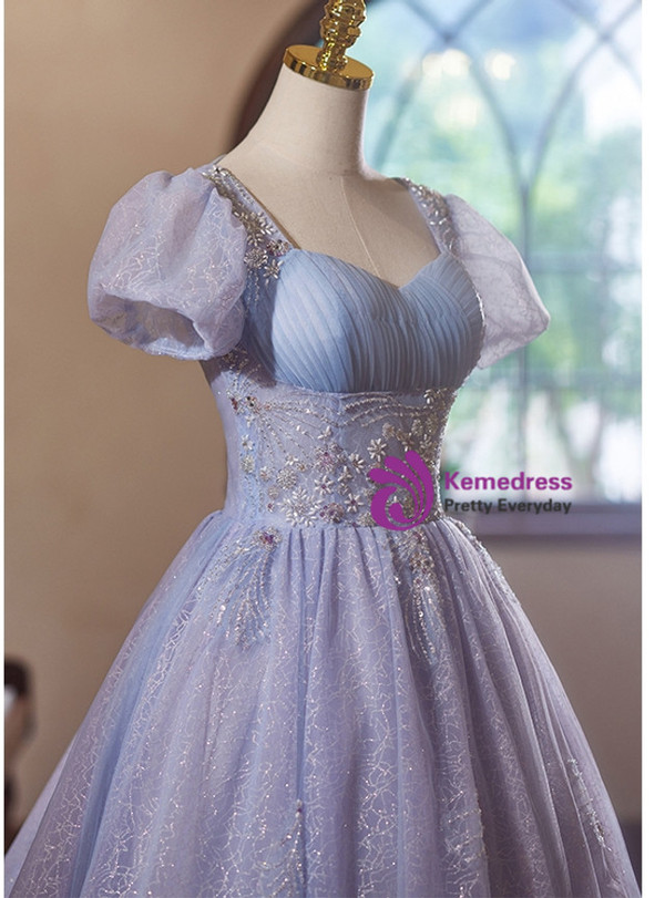 Purple Tulle Sequins Puff Sleeve Homecoming Dress