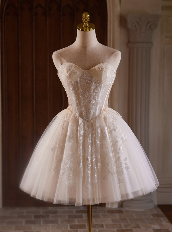 Beige Tulle Sweetheart Beading Sequins Homecoming Dress