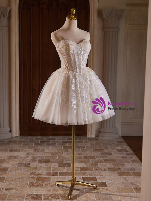 Beige Tulle Sweetheart Beading Sequins Homecoming Dress