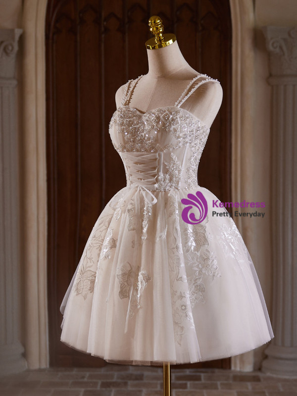 White Tulle Double Straps Beading Lace Homecoming Dress