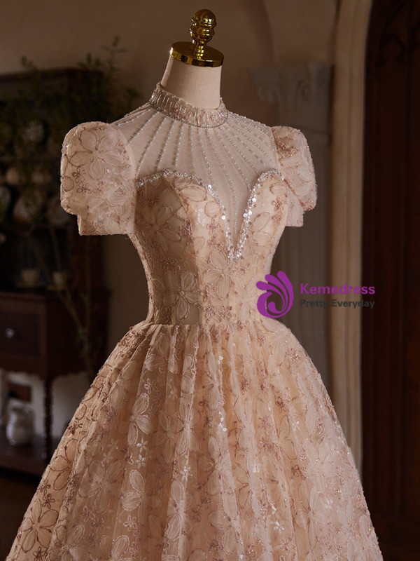 Champagne Lace Short Sleeve High Neck Beading Homecoming Dress