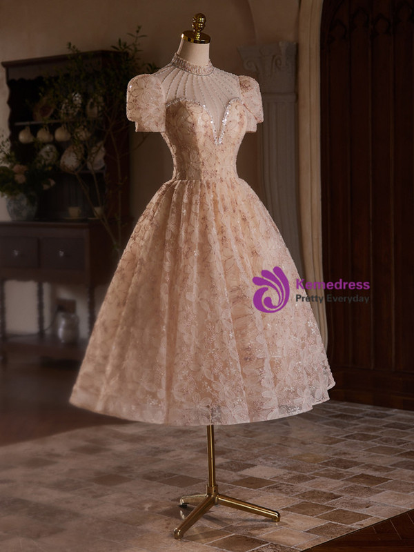 Champagne Lace Short Sleeve High Neck Beading Homecoming Dress