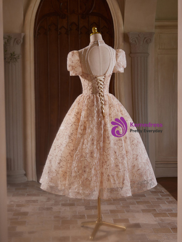 Champagne Lace Short Sleeve High Neck Beading Homecoming Dress
