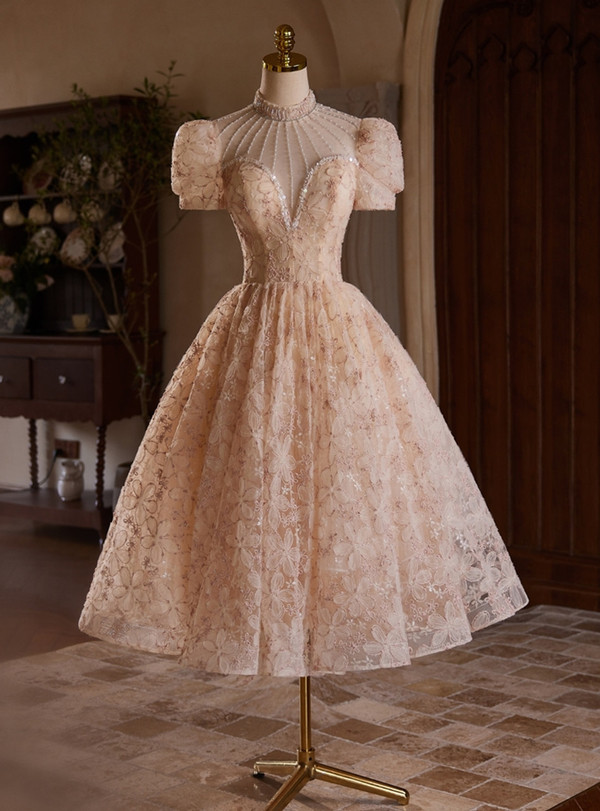 Champagne Lace Short Sleeve High Neck Beading Homecoming Dress