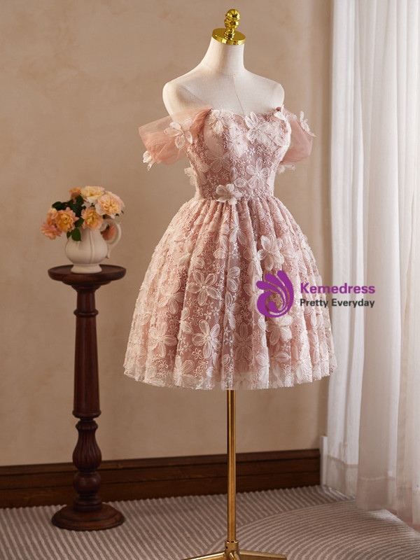 Pink Tulle Lace Flower Off the Shoulder Homecoming Dress