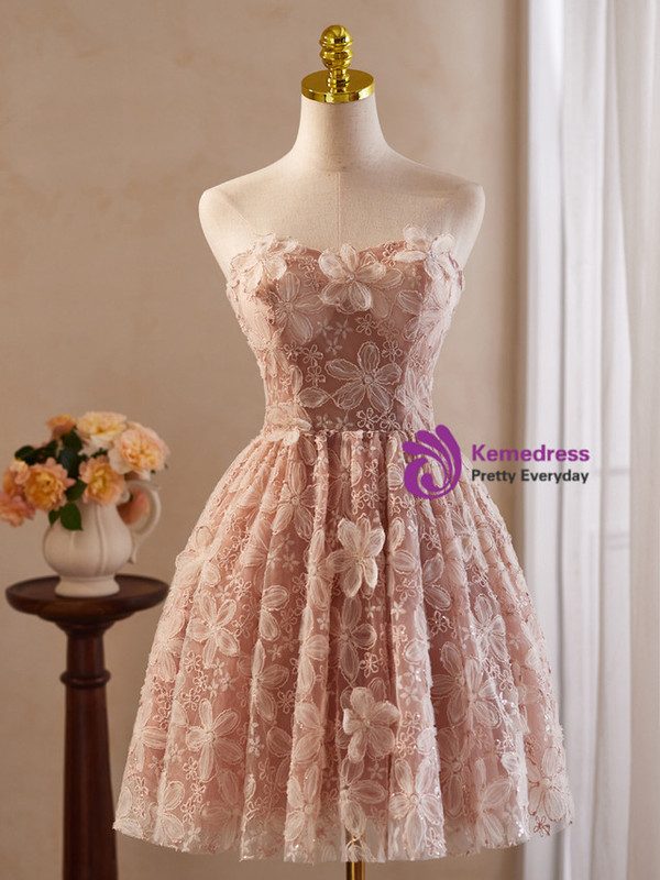 Pink Tulle Lace Flower Off the Shoulder Homecoming Dress