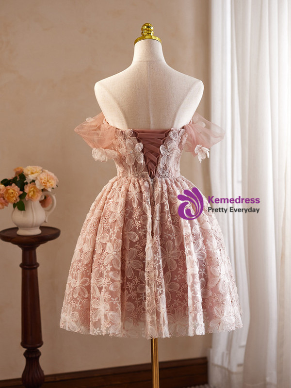Pink Tulle Lace Flower Off the Shoulder Homecoming Dress