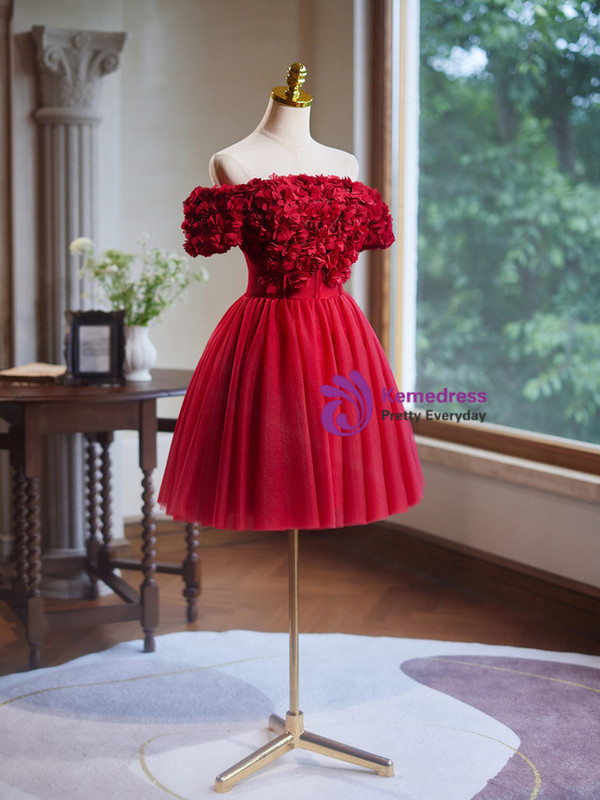 Burgundy Tulle 3D Flower Homecoming Dress