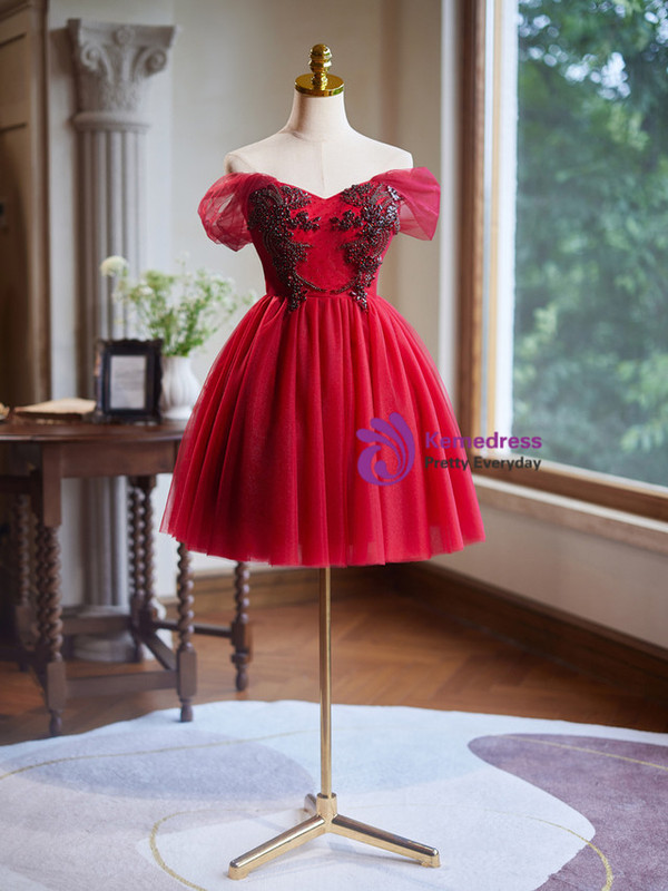 Burgundy Tulle Off the Shoulder Beading Crystal Homecoming Dress