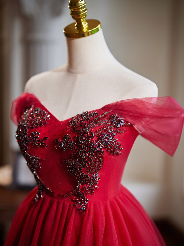 Burgundy Tulle Off the Shoulder Beading Crystal Homecoming Dress