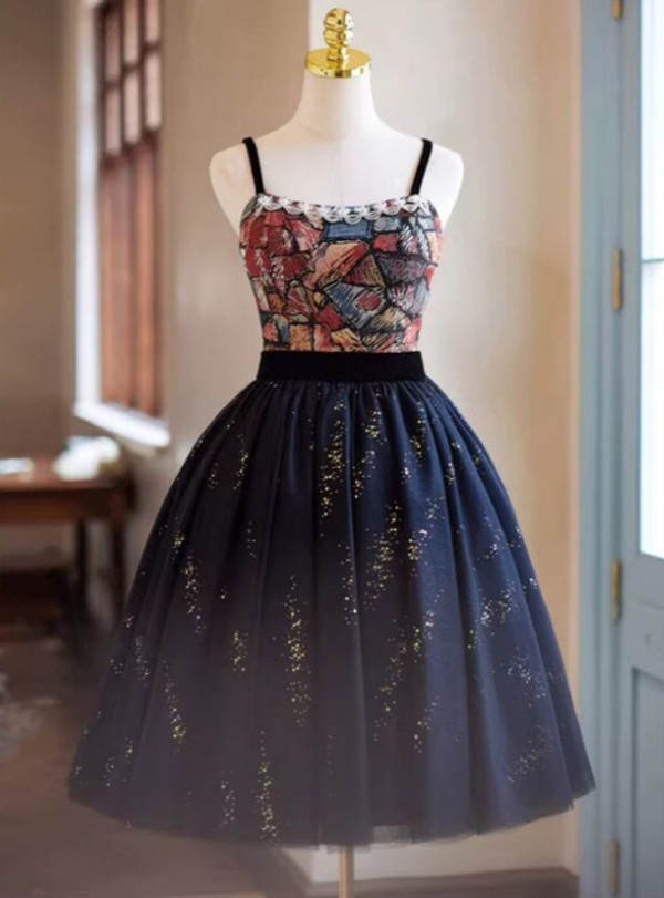 Black Tulle Sequins Print Straps Homecoming Dress