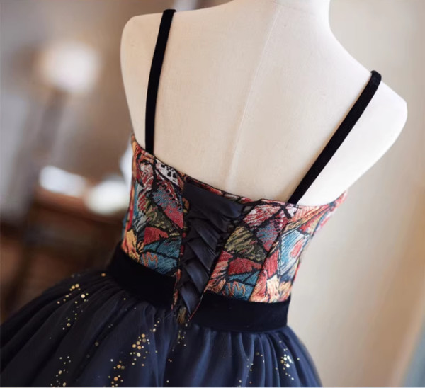 Black Tulle Sequins Print Straps Homecoming Dress