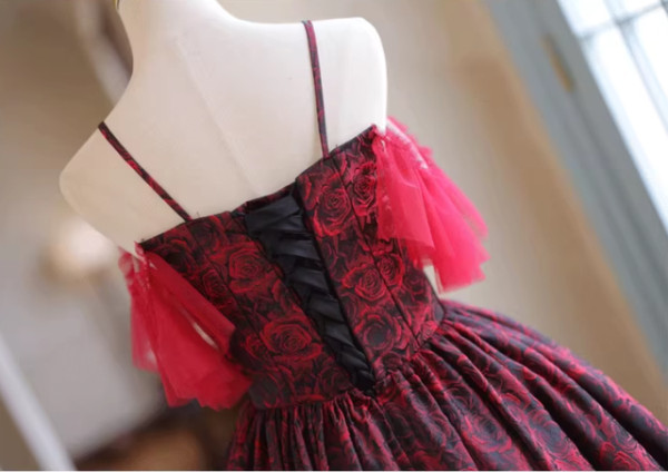 Burgundy Rose Print Spaghetti Straps Homecoming Dress