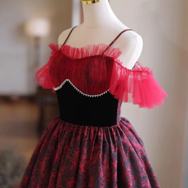 Burgundy Rose Print Spaghetti Straps Homecoming Dress