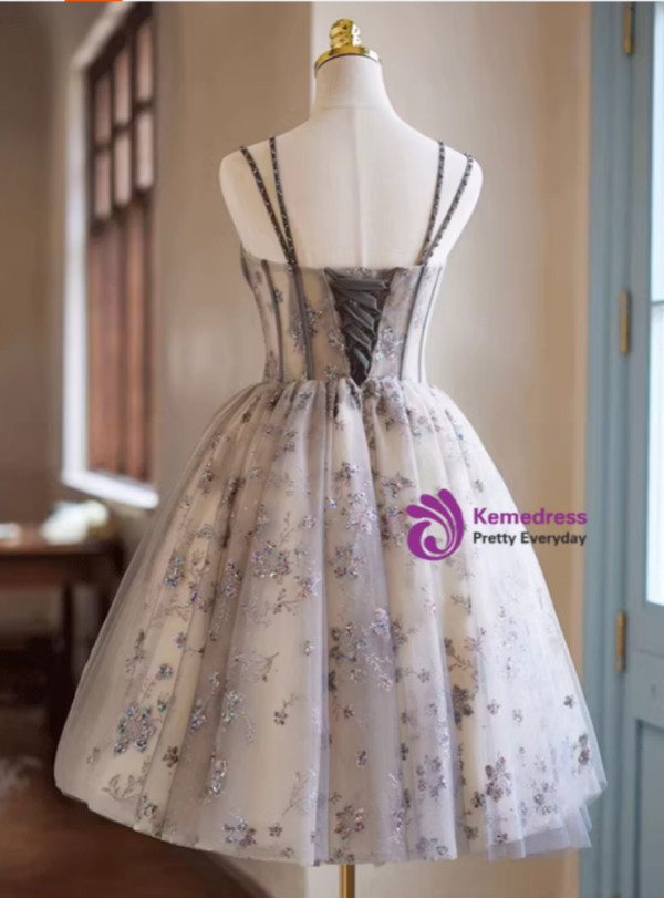 Gray Tulle Sequins Spaghetti Straps Homecoming Dress