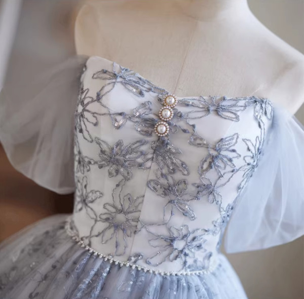 Gray Tulle Lace Sequins Off the Shoulder Homecoming Dress