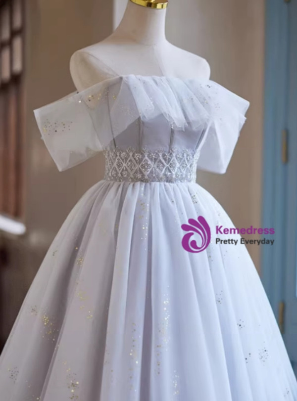 Gray Tulle Sequins Off the Shoulder Homecoming Dress