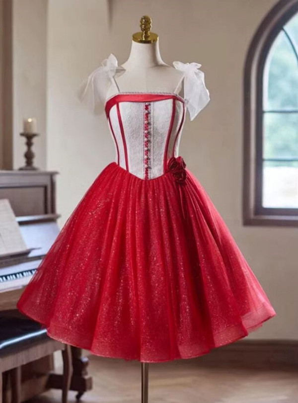 Red Tulle Sequins Lace Straps Homecoming Dress