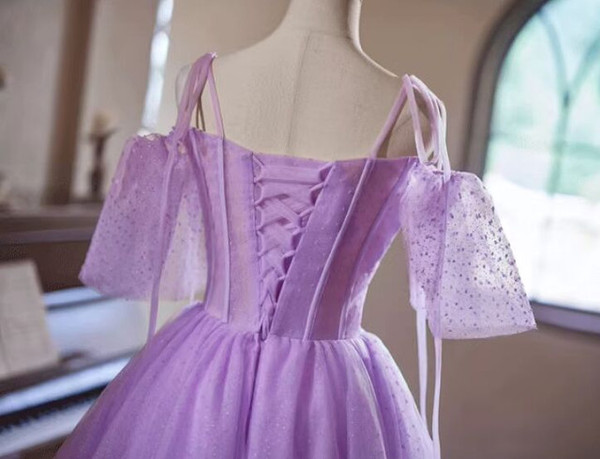 Purple Tulle Spaghetti Straps Short Sleeve Homecoming Dress