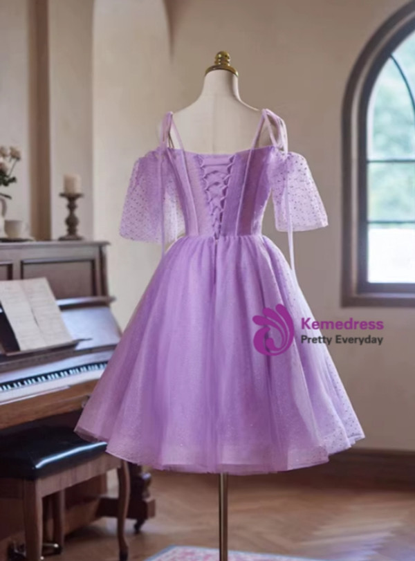 Purple Tulle Spaghetti Straps Short Sleeve Homecoming Dress