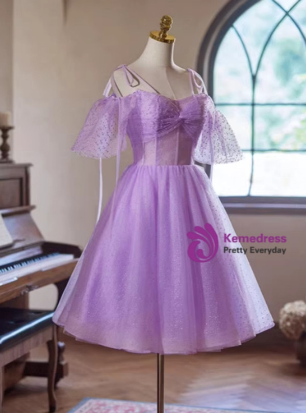 Purple Tulle Spaghetti Straps Short Sleeve Homecoming Dress